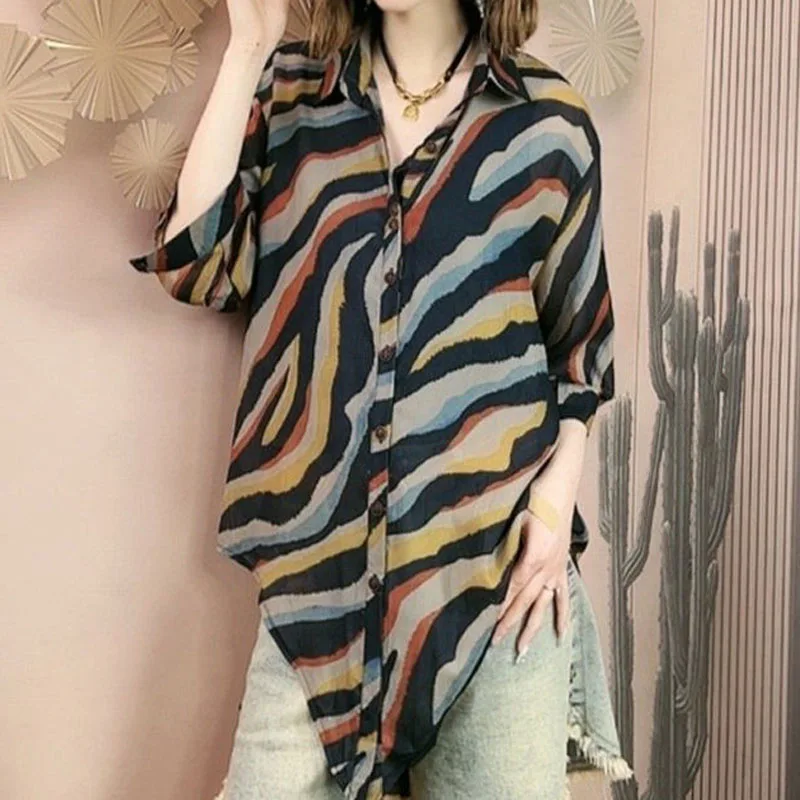 Fashion Female Contrast Color Striped Printed Blouse Summer 3/4 Sleeve Casual All-match Single-breasted Shirt Women\'s Clothing