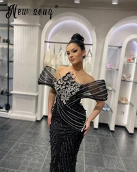 Vintage Black Formal Evening Dress Ruffled Sleeve Off Shoulder Long Mermaid Occasion Gowns Arabic Women Birthday Cocktail Dress