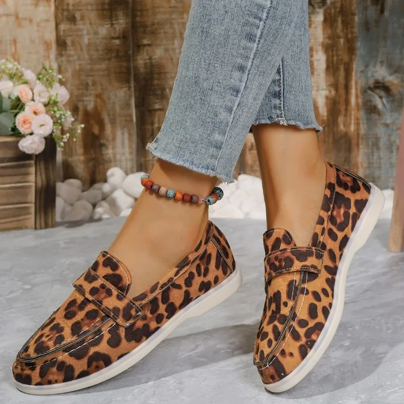 Zapatos planos de punta redonda con estampado de leopardo para mujer, calzado informal con suela de Solft de colores mixtos, gran oferta, Otoño, 2024