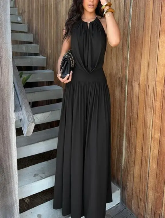 

Women's 2-Piece Summer New Elegant and Sexy Vacation Style Backless Hanging Neck Vest High Waist Pleated Wide Leg Pants Set