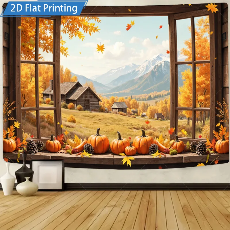 [2D شقة] 1 قطعة 4x16 بوصة علامة معدنية الخريف نافذة عرض اليقطين الحصاد مزرعة الجبل المشهد 2D شقة طباعة المعادن جدار الفن