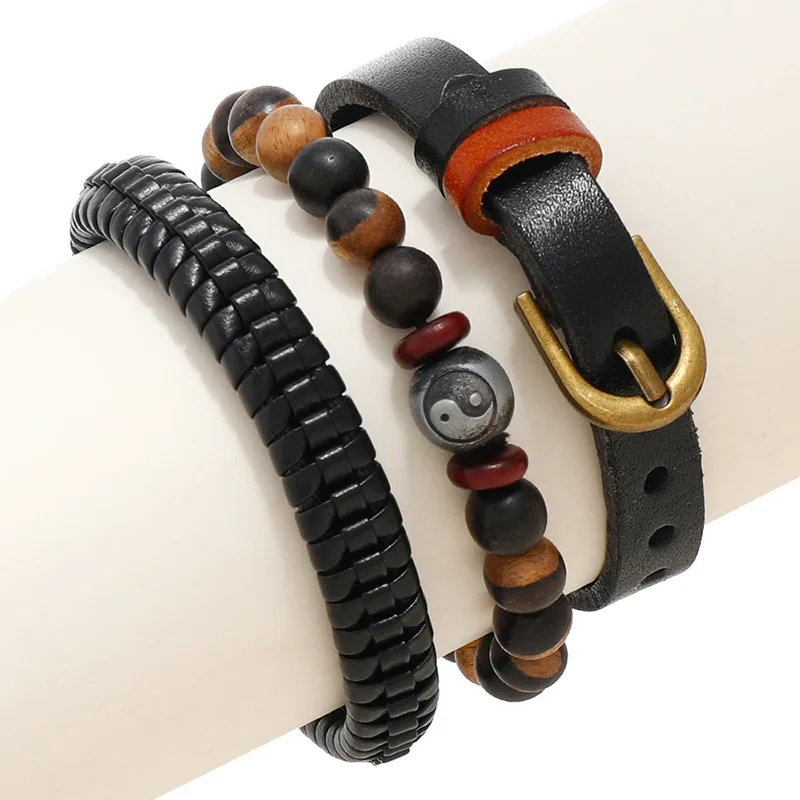 

3 pcs/set Bangle New Fashion Wood Beads Alloy Charm Women Genuine Leather Handmade Weave Bracelets Men Wristband Jewelry