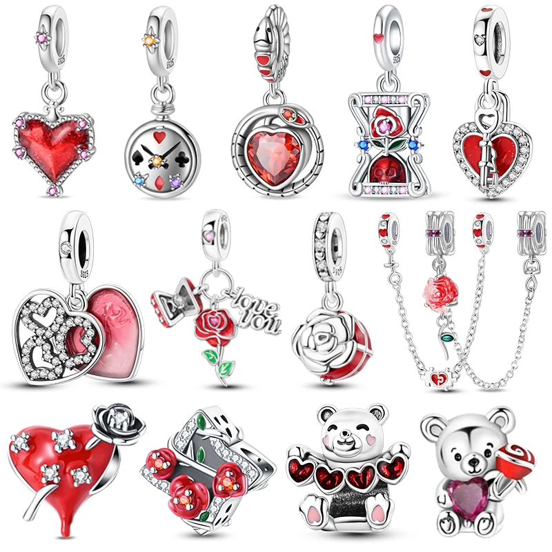 925 Sterling Silber Rote Serie Weeping Dark Night Rose Schlüsselanhänger Box Bead Bear Anhänger Sicherheitskette DIY Schmuck für Frauen