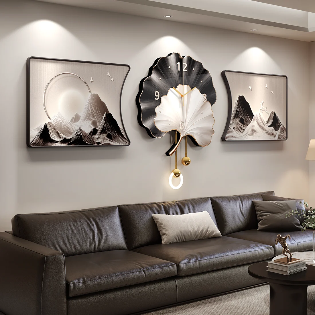 Backed by a Mountain, Living Room Decor, Luxury and Elegance, Sofa Accent Wall Art, Ginkgo Clock with Light Combo Painting