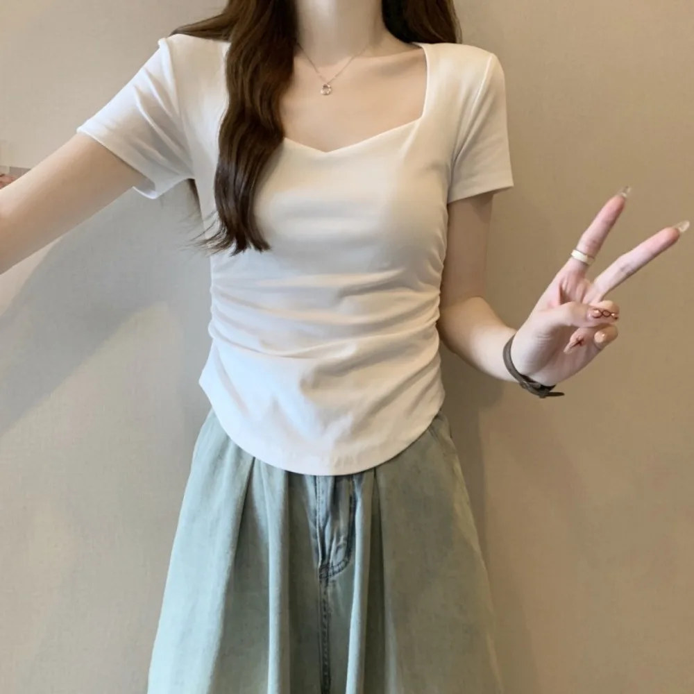 

Sweet Slim Fit Y2K Crop Tops Pleated Short Sleeves Korean T-shirt Women Clothing Summer Solid Short T-shirt Party