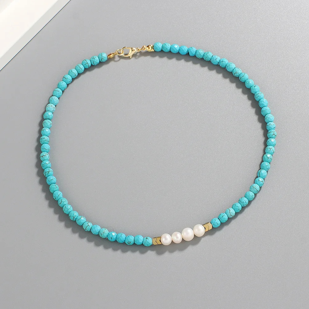 2022 New personality natural freshwater pearl necklace simple design Bohemian turquoise clavicle necklace wholesale