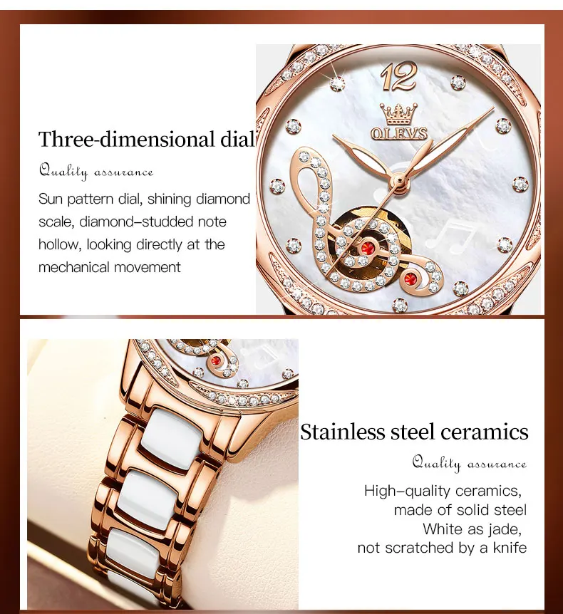 OLEVS Mechanical Watches For Women White Musical Note Design Waterproof Luminous Elegant Ceramics Watchband Ladies Wristwatch