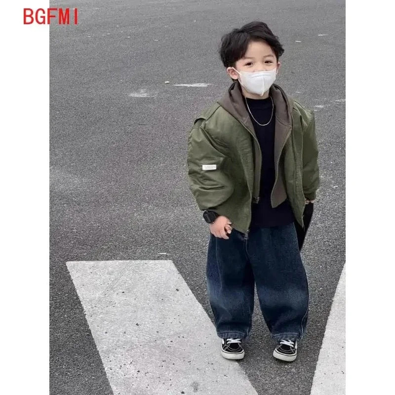 Teens Boys Spring Autumn Patchwork Zipper Outerwear & Coats 2026 New Korean Hooded Baseball Suit Baby Boy Fake Two Spring Tops