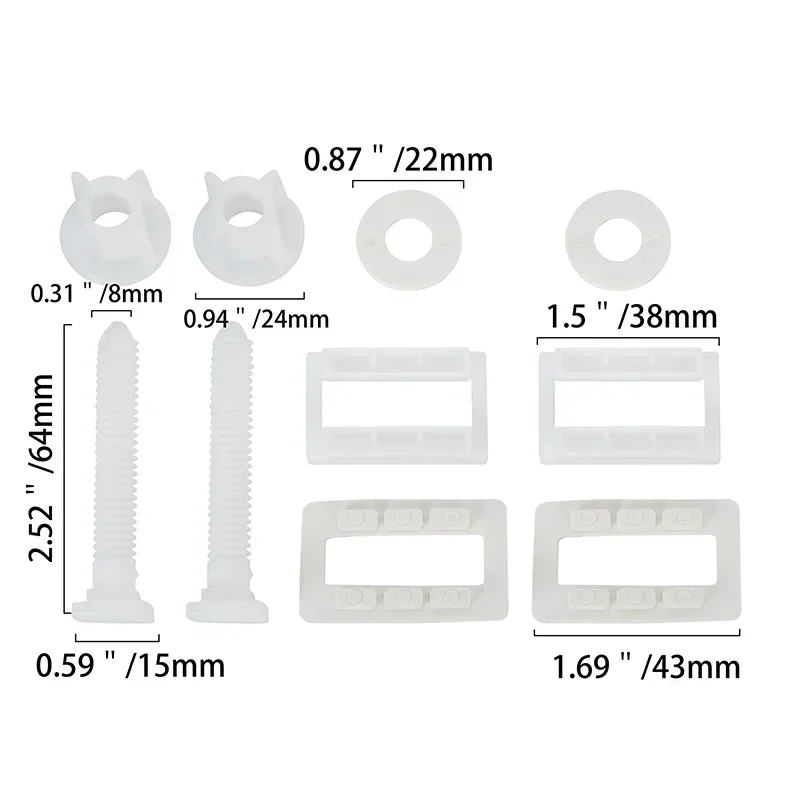 1Zestaw białych plastikowych śrub do zawiasów toaletowych Zestaw do mocowania części łazienkowych z nakrętkami i wysokiej jakości podkładkami