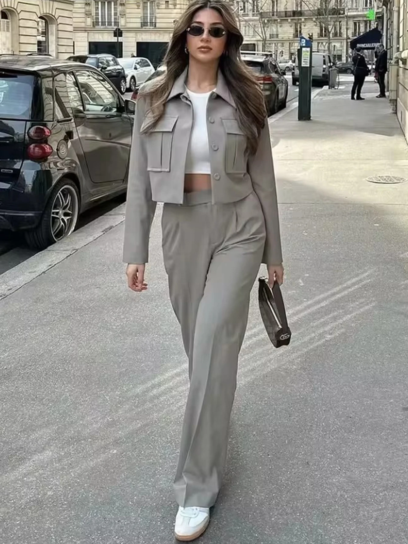 

2025 Women Fashion Solid Long Sleeve Jacket Two Piece Set Women High Waist Pants Female Streetwear Style Sets