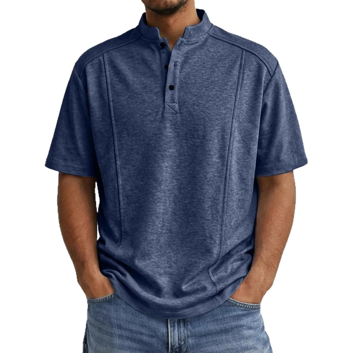 Short Sleeve Stand Collar Top Straight Cut Sporty Casual with Regular Sleeve T Shirt Wrinkle Finish Not Hooded Summer for Men