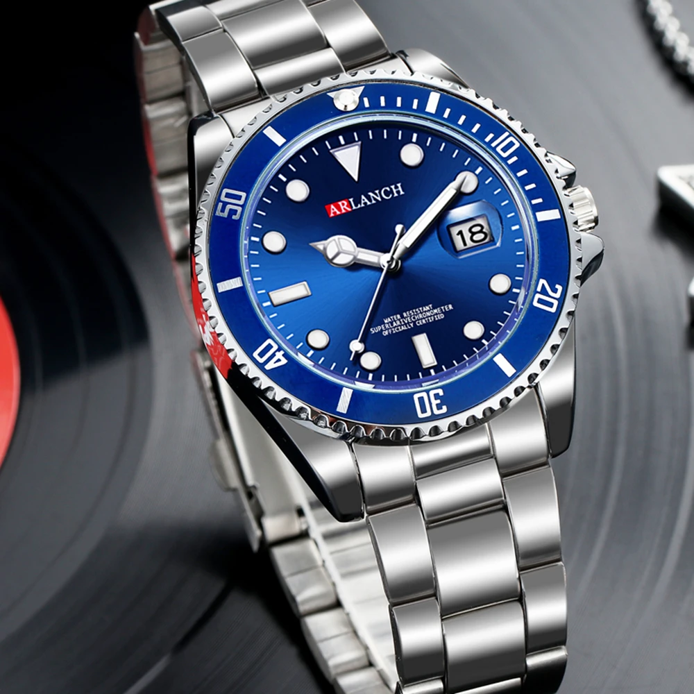 ARLANCH Stainless Steel Men's Watch Business Fashion Red Blue Circle waterproof Luminous Calendar Quartz Man Watch montre homme