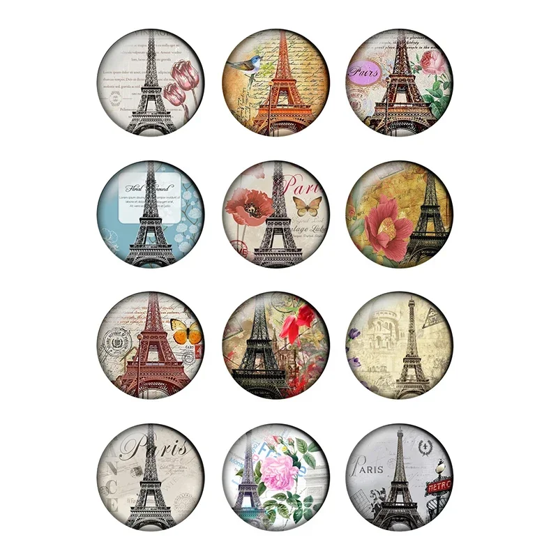 12pcs 24different Style Round French Paris Eiffel Tower Bird Flower Pattern Glass Cabochon Gems for DIY Jewelry Finding T079