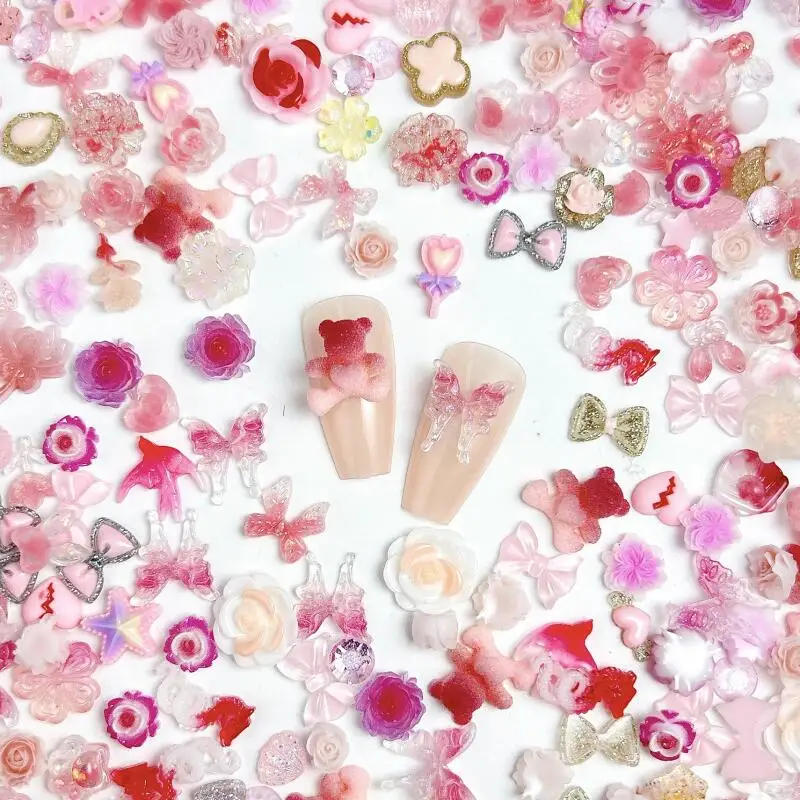 50PCS Multicolor Mixed Bows Flowers Nal Charms Cartoon Bear Claw Simulatied Fruit Nail Art Decoration for Making DIY Nail Crafts