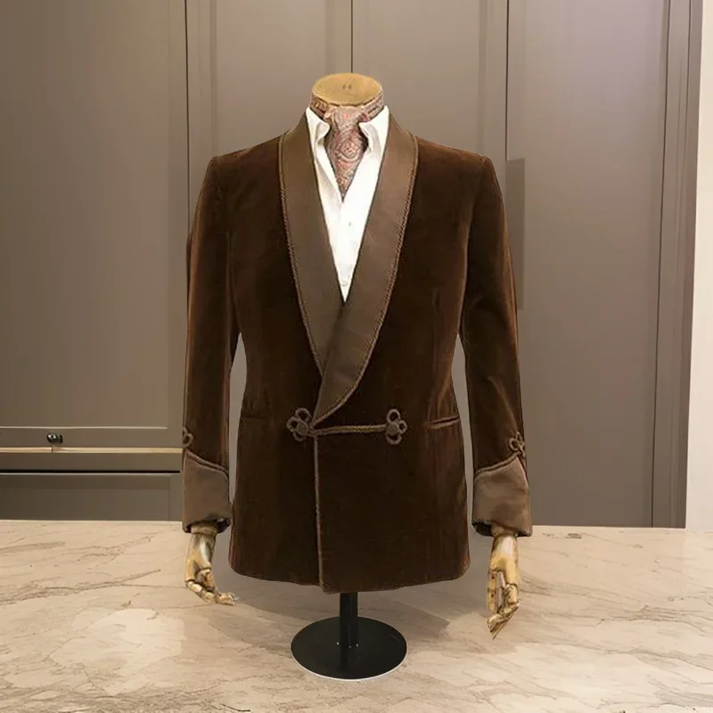 1 Pc Brown Velvet Smoking Jacket With Double Breasted Men Blazer For Wedding Groom Prom Single Coat Male Fashion Costume