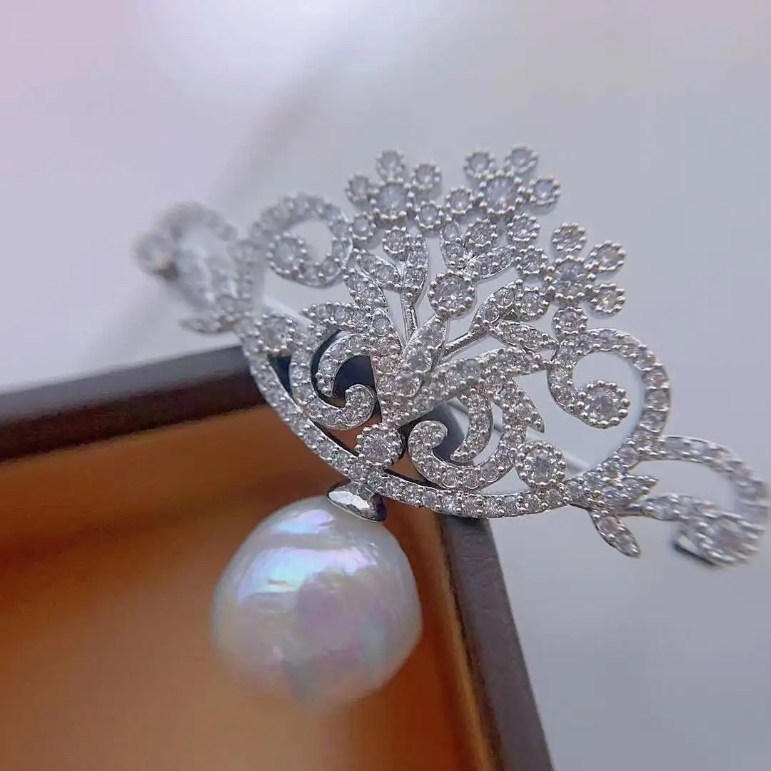 N Noble Luxury Palace Crown Brooch 12-13MM Strong Light Half Hole Baroque Pearl Brooch Jewelry for Ladies