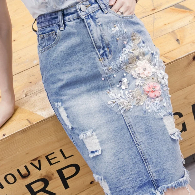 New Ladies Decal Hole Fur-lined Denim Skirt Women Many Sizes Casual High Waist Jeans Skirts Girls Korean Fashion Clothing 2