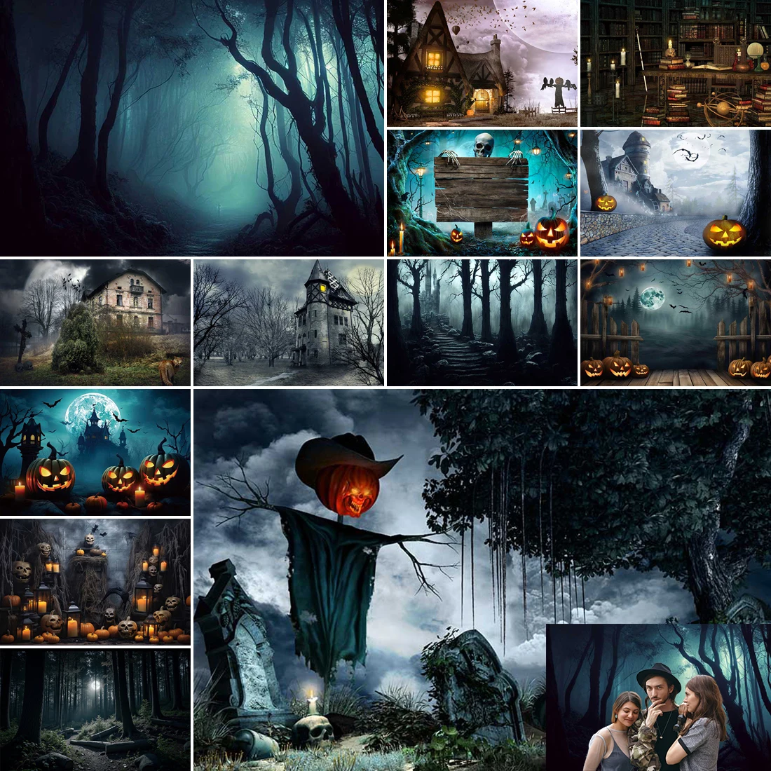 

MOON.QG Scary Halloween Graveyard Backdrop Pumpkin Enchanted Cemetery Photo Background Witch Misty Forest Kids Halloween Decor