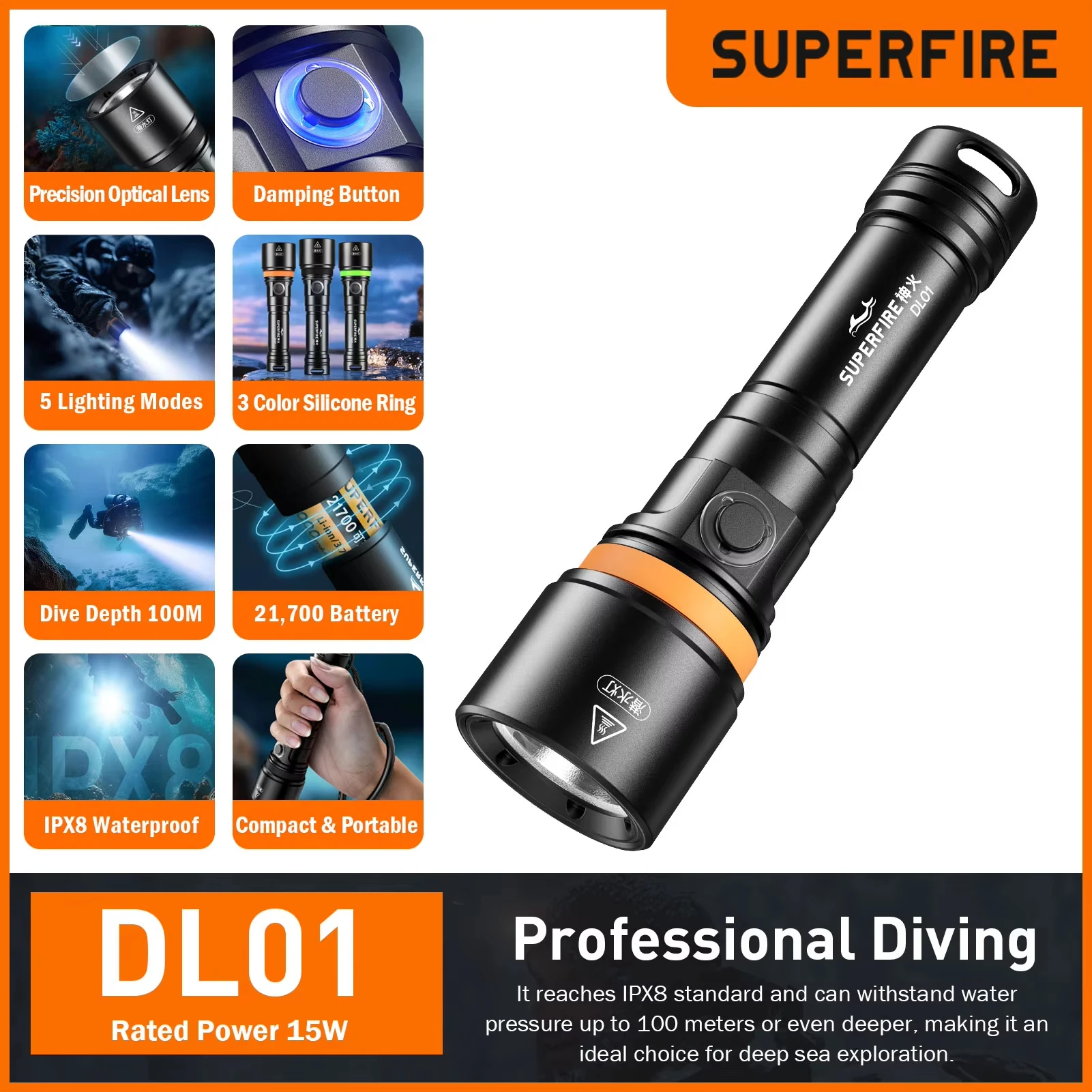 Waterdichte, krachtige LED-duiklamp met extra lange reikwijdte tot 500 meter, duurzame batterij, USB-opladen