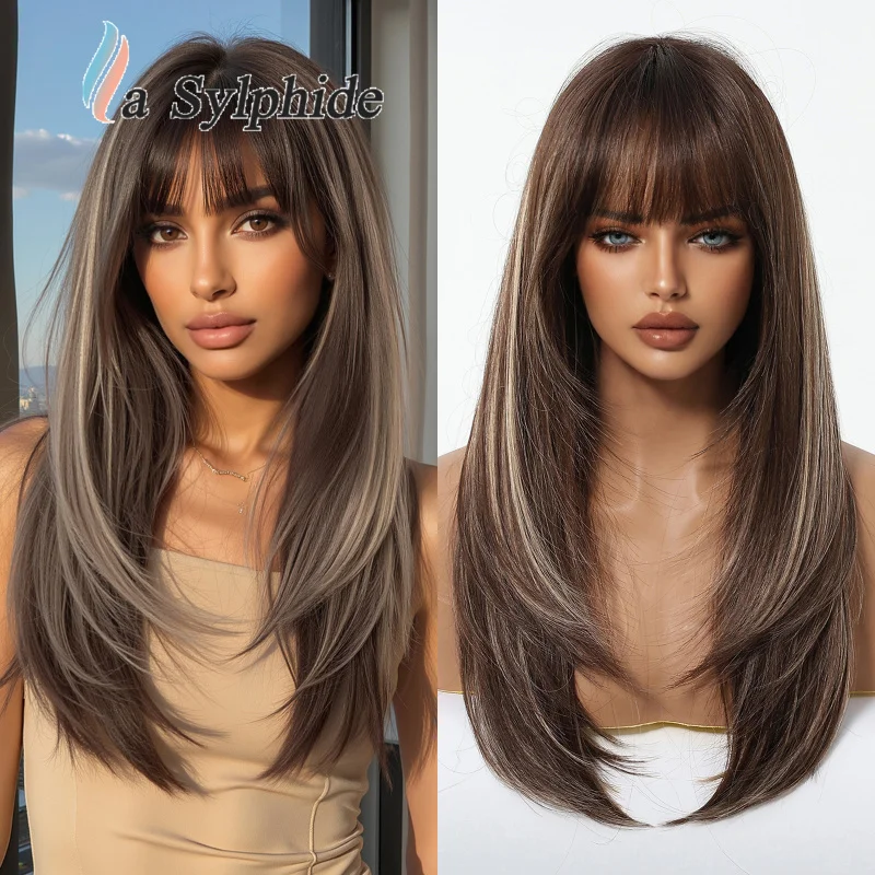 

Модные женские челки в стиле Чжан Юаньин, с центральным пробором, черные, длинные, прямые, реалистичные, для повседневного использования, полный парик