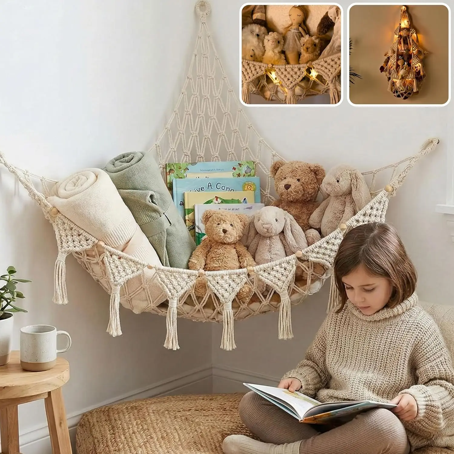 Stuffed Animal Hammock Corner with LED Lights, 42"x42"x56"