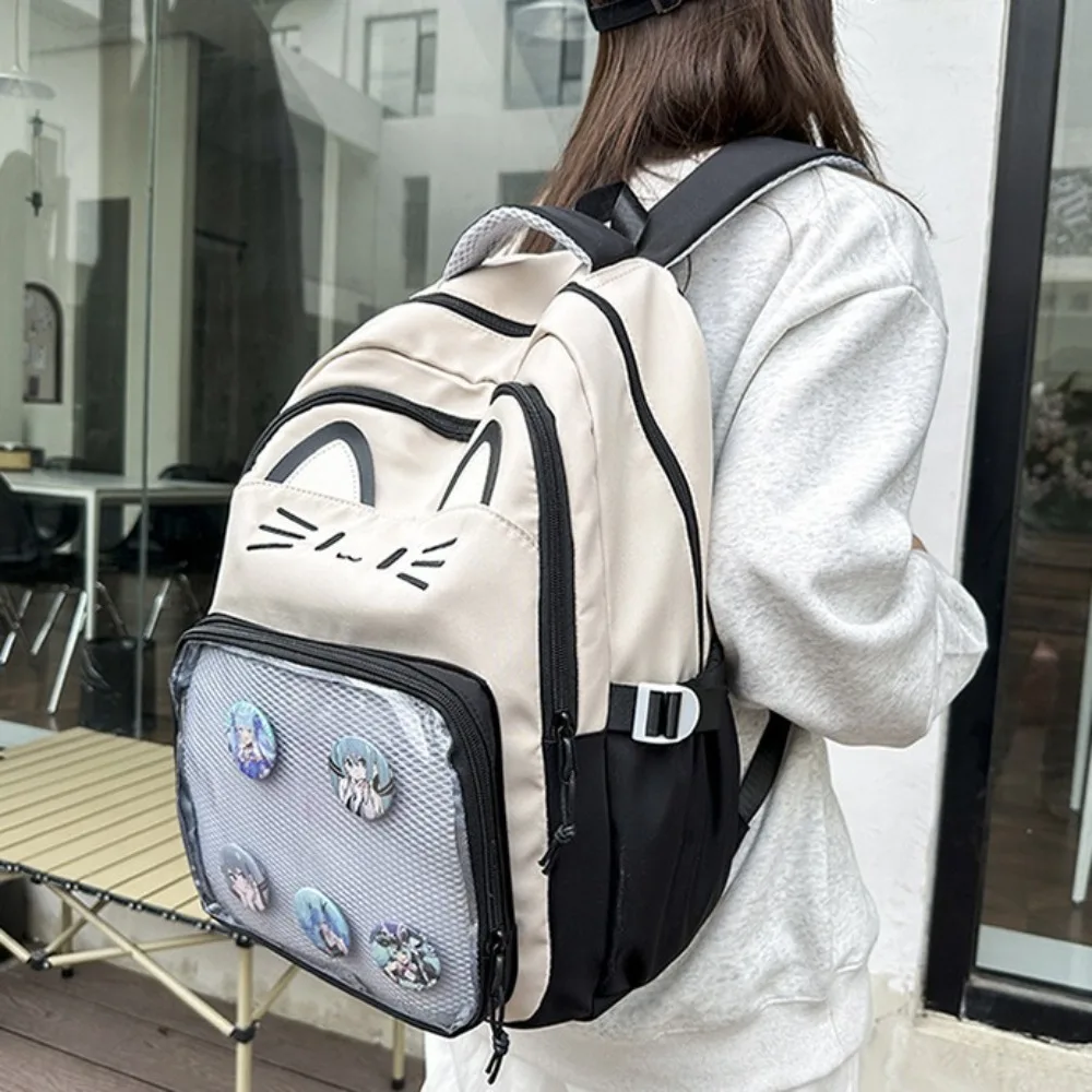 Kawaii Embroidery Cartoon Ita Bag Preppy Style Large Capacity Transparent Pocket Itabag Cute Cat Student School Bag Woman