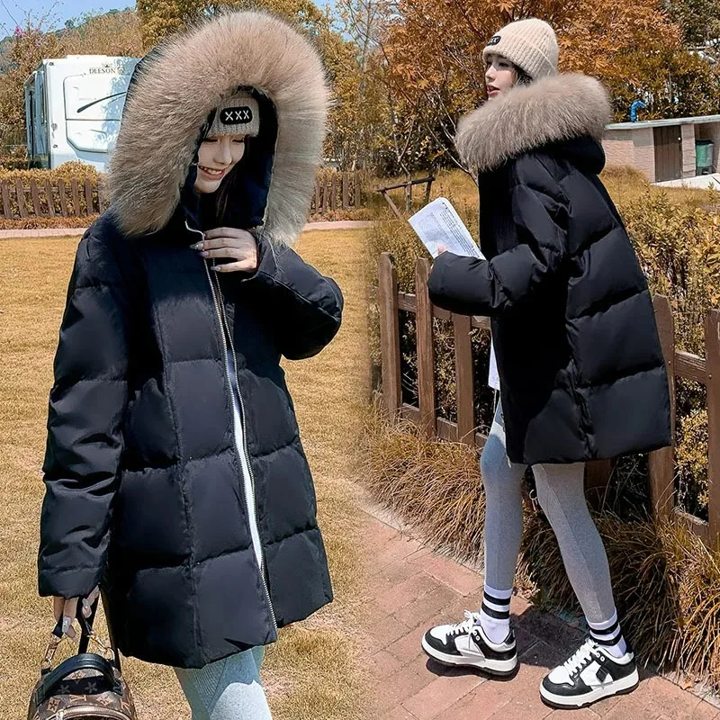 Women Down Coats Raccoon Fur Collar Hooded Winter Windproof Loose Thick Medium-length Models Jackets Overcoat Outwear Warm Tops