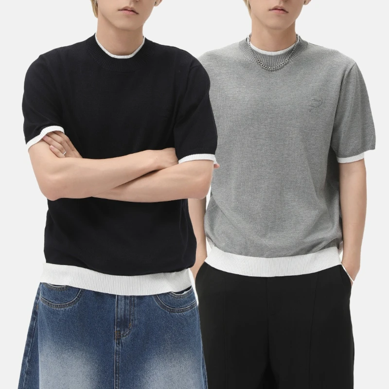 Men's round neck knitted fake two-piece color matching short casual pullover short-sleeved T-shirt versatile