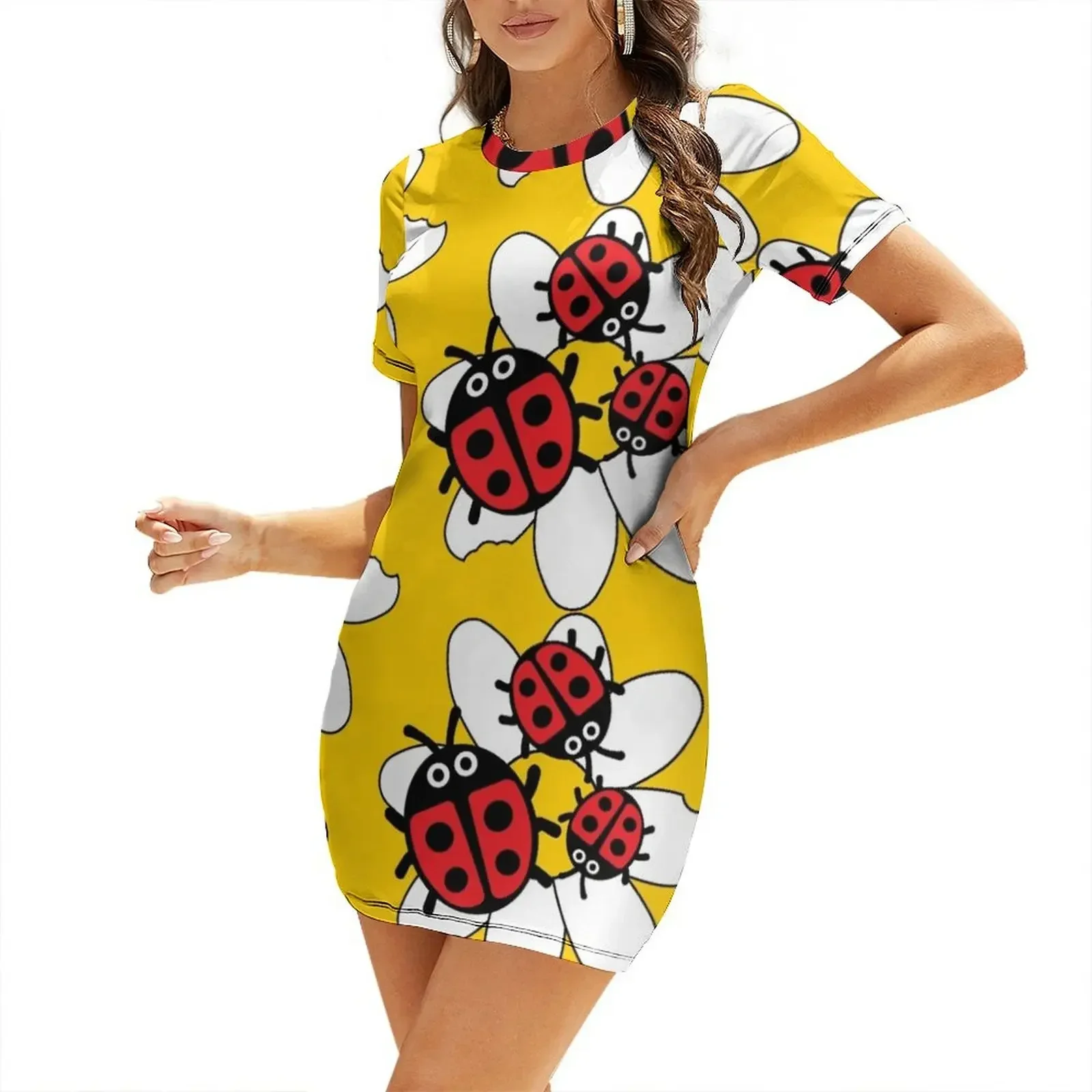 

Kids Ladybirds Ladybugs - Coccinellidae Beetle - Red And Black Ladybugs - Sweet Kids Gifts Short-Sleeved Dress woman dress