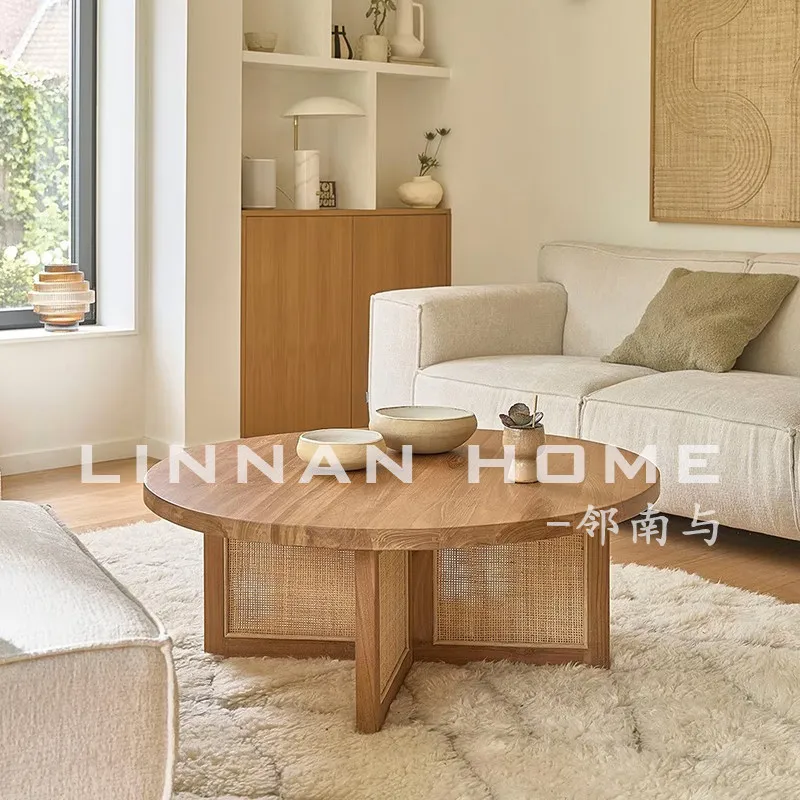 Round coffee table Nordic retro solid wood rattan log short modern simple coffee table