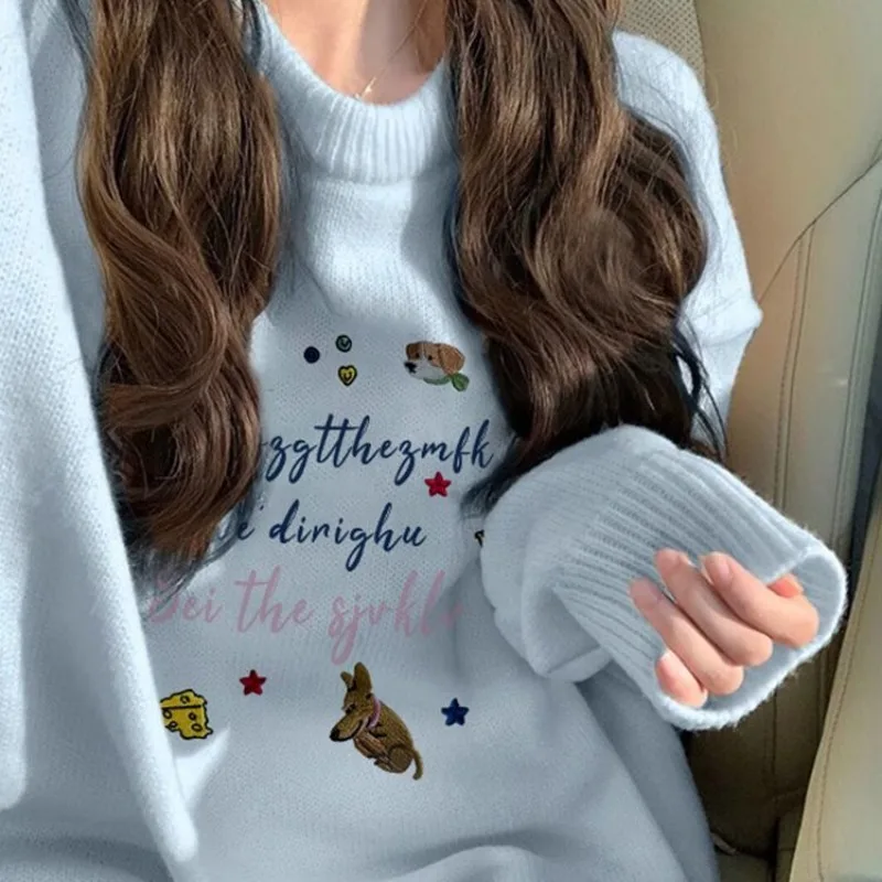 

Женская одежда, весенне-осенняя мода, однотонные женские однотонные пуловеры с корейским принтом и круглым вырезом с длинными рукавами