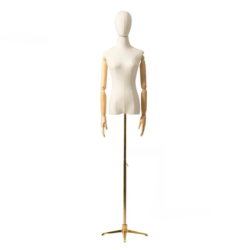 Female Head Half Body Mannequins for Wedding Dress Mannequin with Metal Base Clothing Display Stand Adjustable Wooden Arm Rack