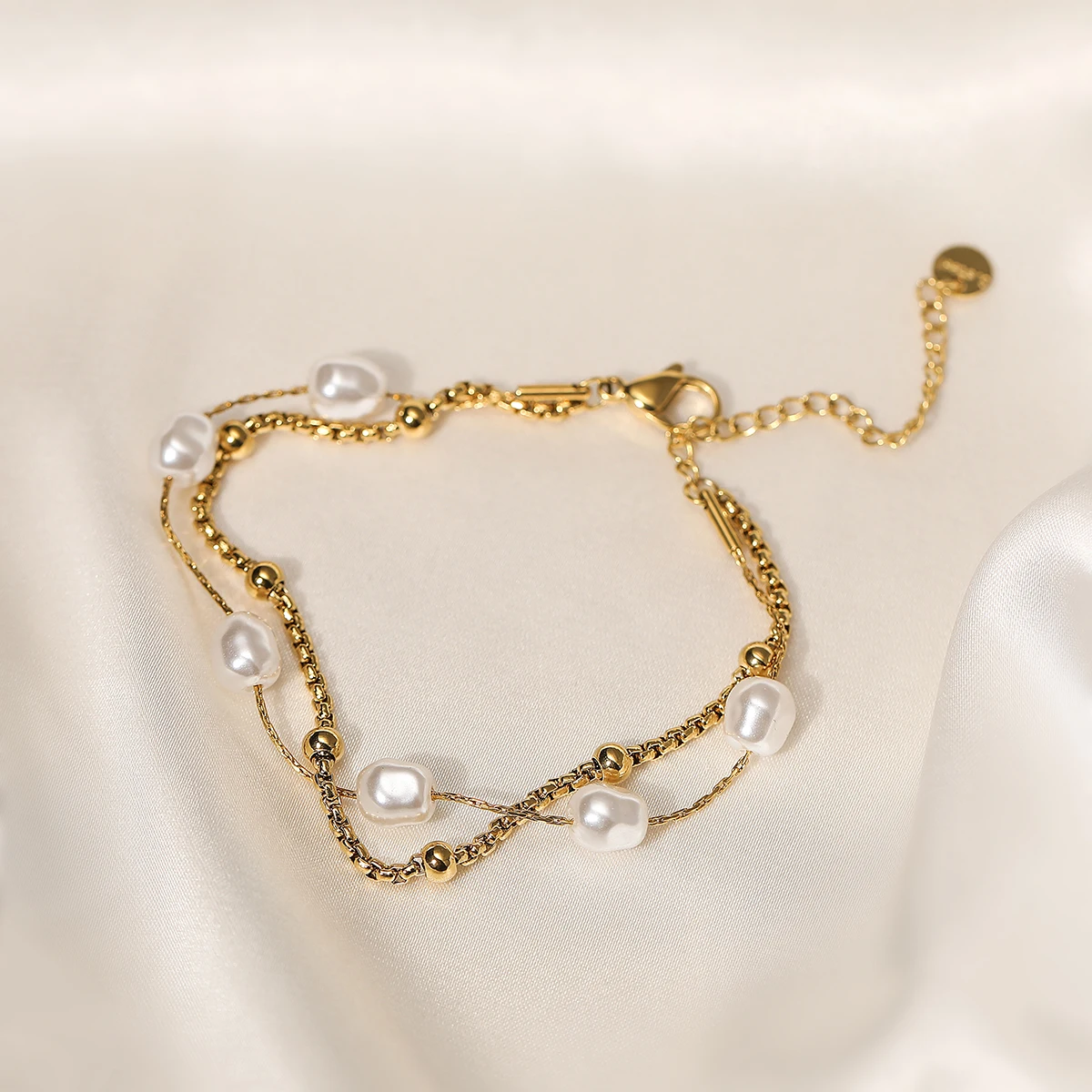 2025 New Hot Gold Color Double Layers Pearl Bracelet For Women Stainless Steel Party Jewelry