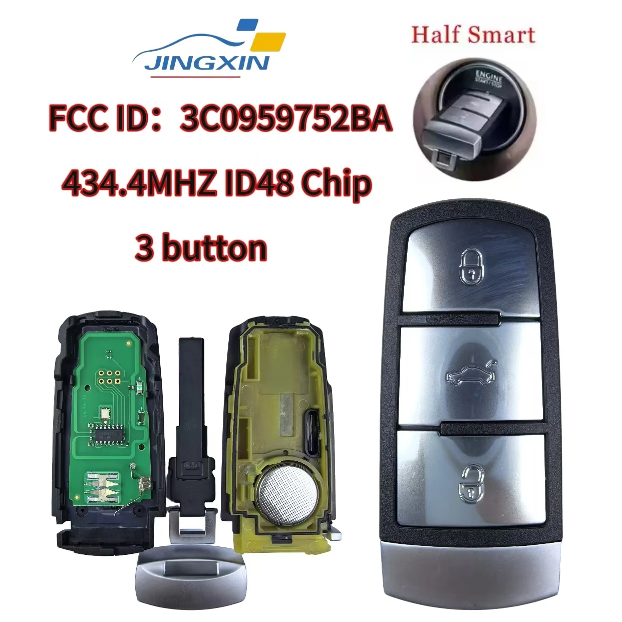 

Jingxin Fob 48 Chip 3C0959752BA 434.4MHZ 3Buttons Flip Smart Car Remote Key For VW Passat B6 3C B7 Magotan CC car key/PCB/Shell