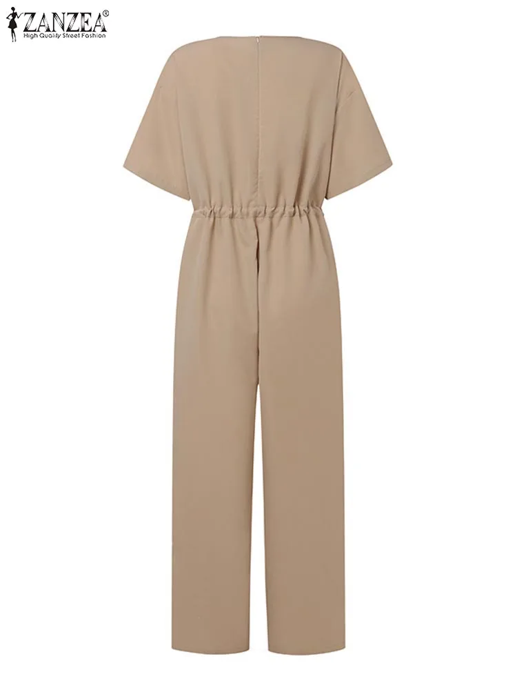 ZANZEA Damesmode V-hals Jumpsuits met halve mouwen Casual losse effen kleur Overalls Casual woon-werkverkeer Trekkoord Taille Lange romper