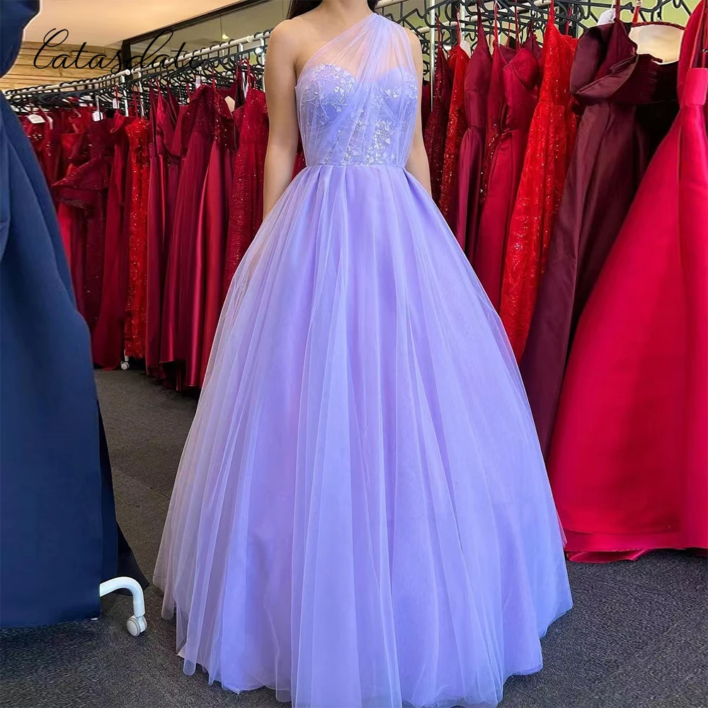 Catasdate One Shoulder Prom Party Dress Applique A Line Evening Dress Lavender Christmas Party Gown vestido azul marino fiesta