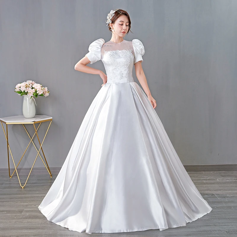 Robe De mariée élégante en Satin à manches bouffantes, longueur au sol, à la mode