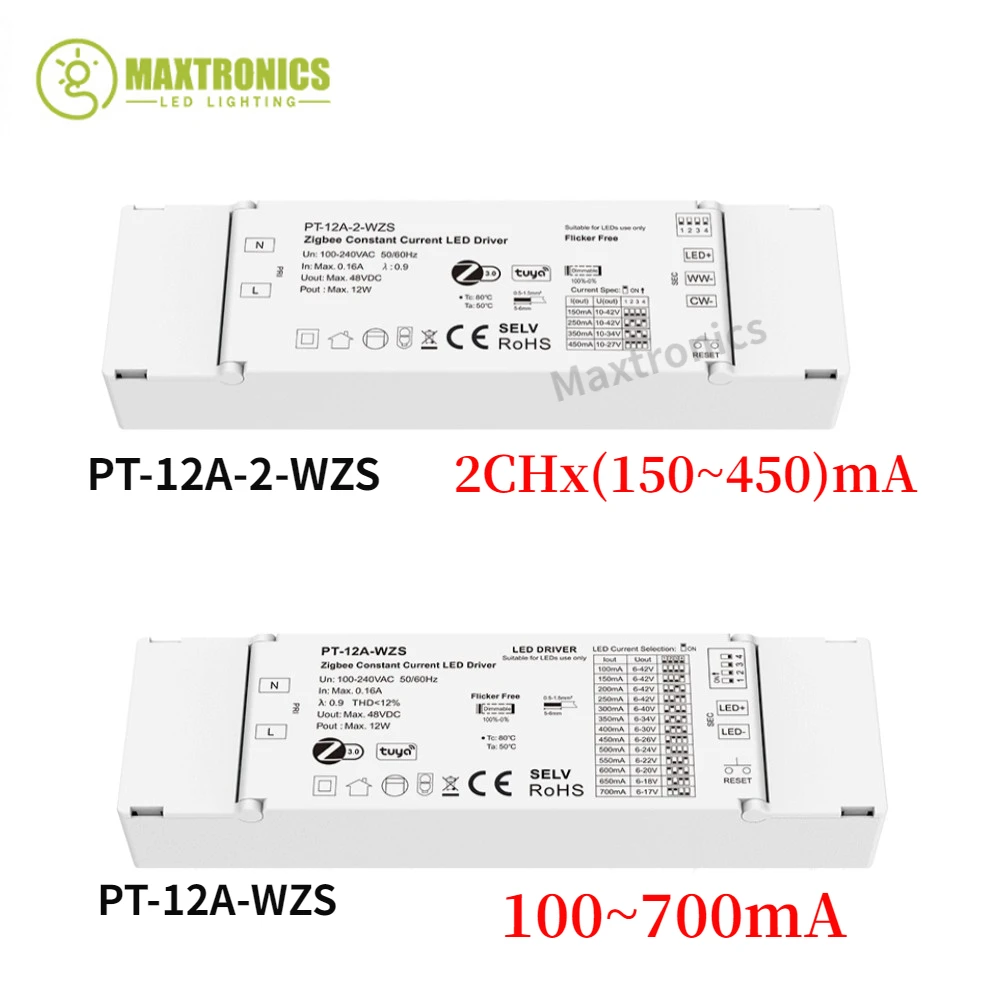 10-42VDC 12W Zigbee 3.0 Constant Current LED Driver 100-700mA/ 2x(150~450)mA for Downlight Spotlight And Decorative Applications