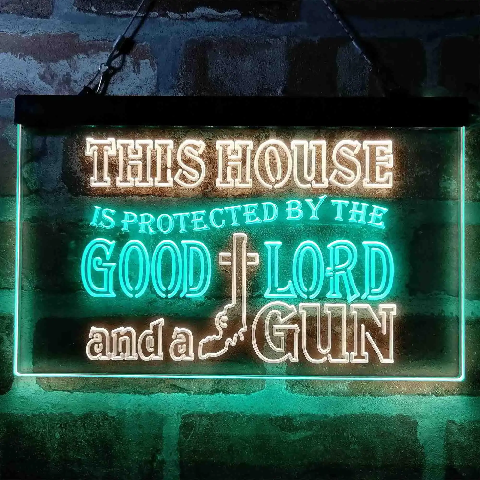 Humor House Protected by Good Lord and a Gun Dual Color Led Neon Sign st6-i3967