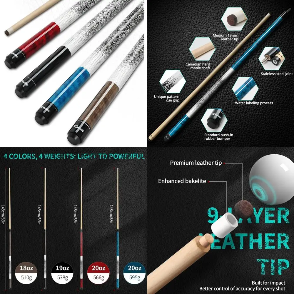 

Professional Low-Deflection Pool Cue Stick, 58-Inch Hard Maple Wood Billiard Cue with 13mm Leather Tip and 3D Anti-Slip Grip for