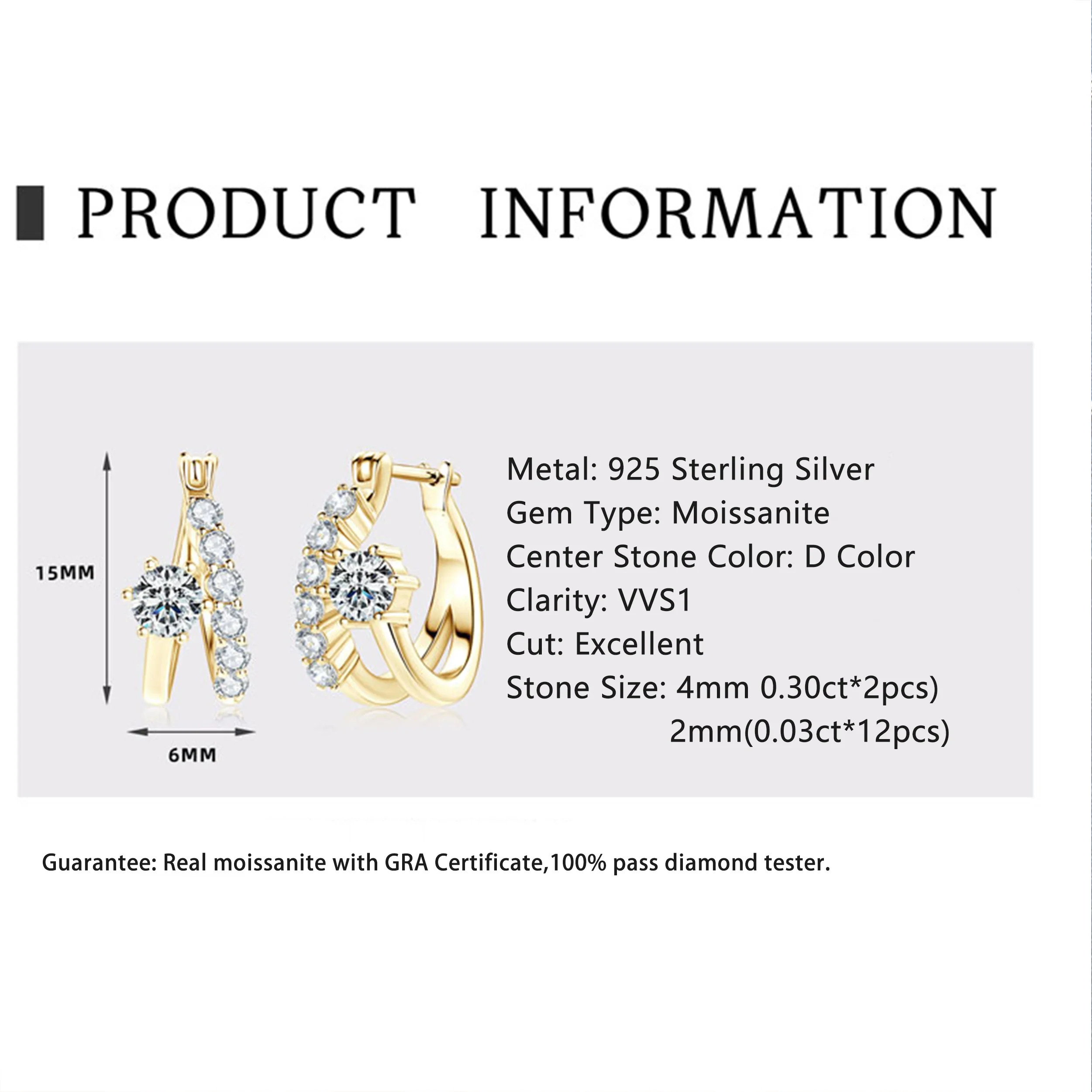 RAPRGOLD GRA Certified Round Moissanite Hoop Earrings for Women Real 925 Sterling Silver Huggie Earring Jewelry Gifts Pendientes view 3