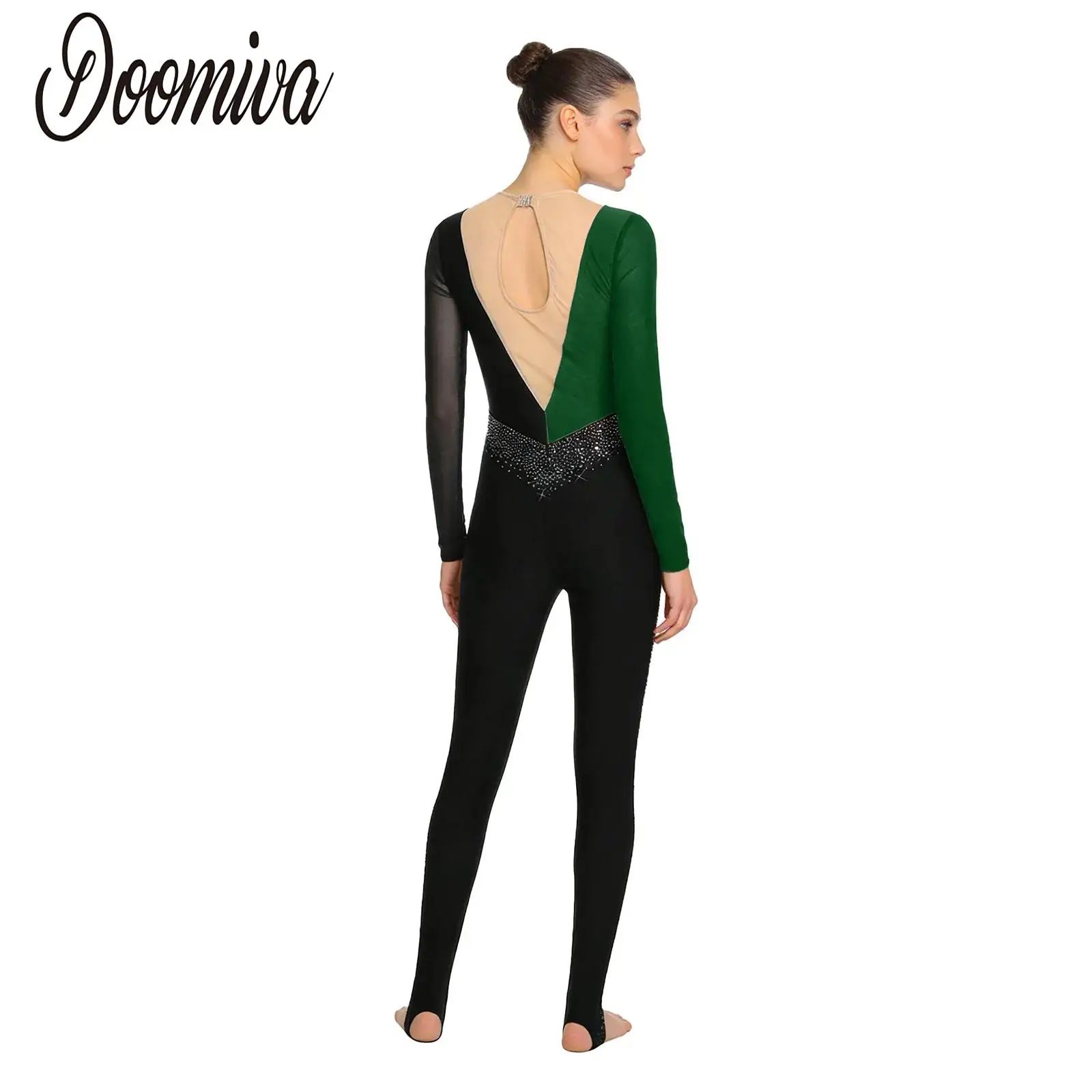 

Women Figure Skating Dance Rhythmic Gymnastics Jumpsuit Rhinestones Mesh Long Sleeve Stirrup Leggings Rompers Acrobatic Costume