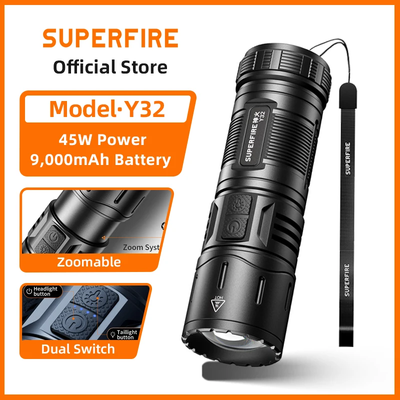 

SUPERFIRE Y32 High Power LED Flashlight 2500 Lumens Super Bright Rechargeable Portable Torch 9000mAh Camping Fishing Lantern