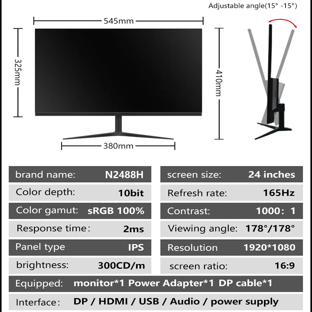 Monitor LCD HD para jogos, tela de computador, tela plana, compatível com HDMI, DP, MUCAI, N2488H, 24 