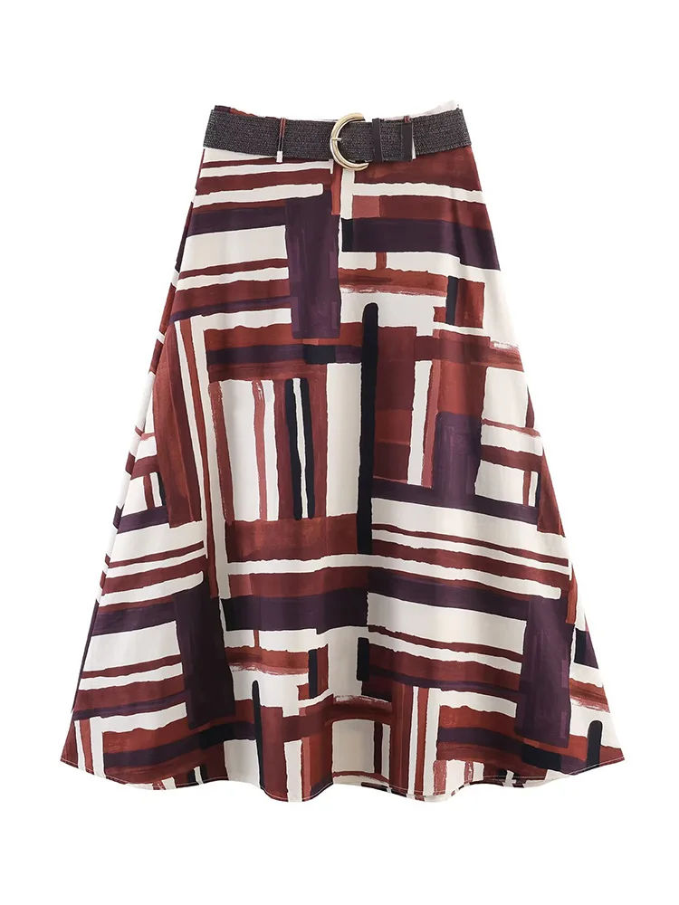 

Женская летняя модная юбка HH в стиле ретро, универсальная, каштаново-коричневая, с геометрическим принтом, женская повседневная юбка А-силуэта миди с высокой талией и поясом