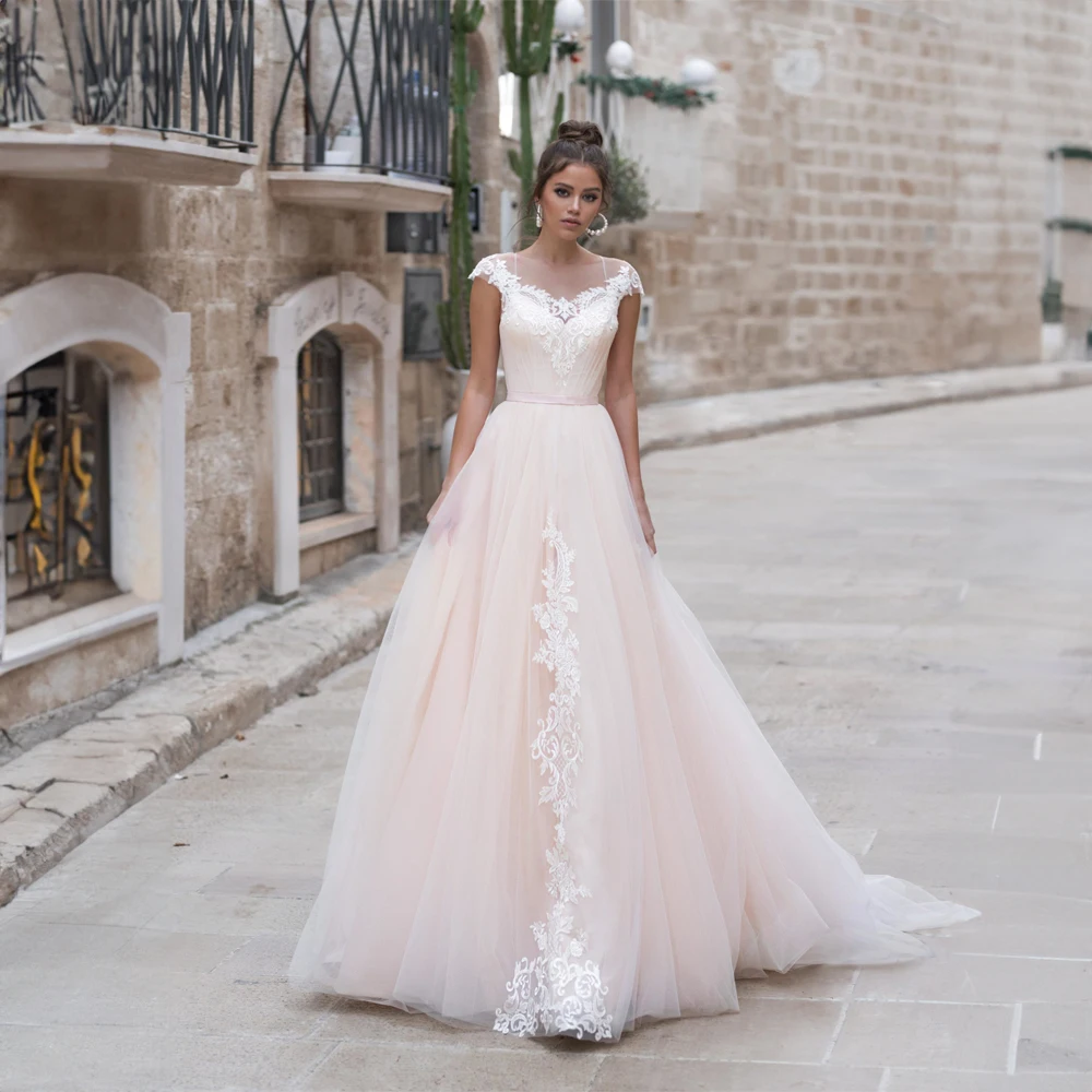 

Elegant Sheer Neck Applique Lace Tulle Wedding Dress for Women Sleeveless Court A-line Wedding Party Gown robe de mariée