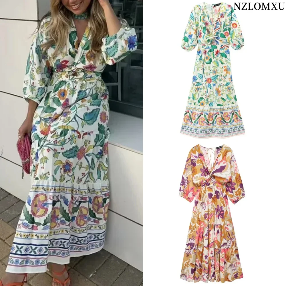 Fashion Flower Printed Knot Cut Out Long Dress Women Long Sleeves V-neck A-line Dresses 2024 Chic Female Summer Vacation Robes