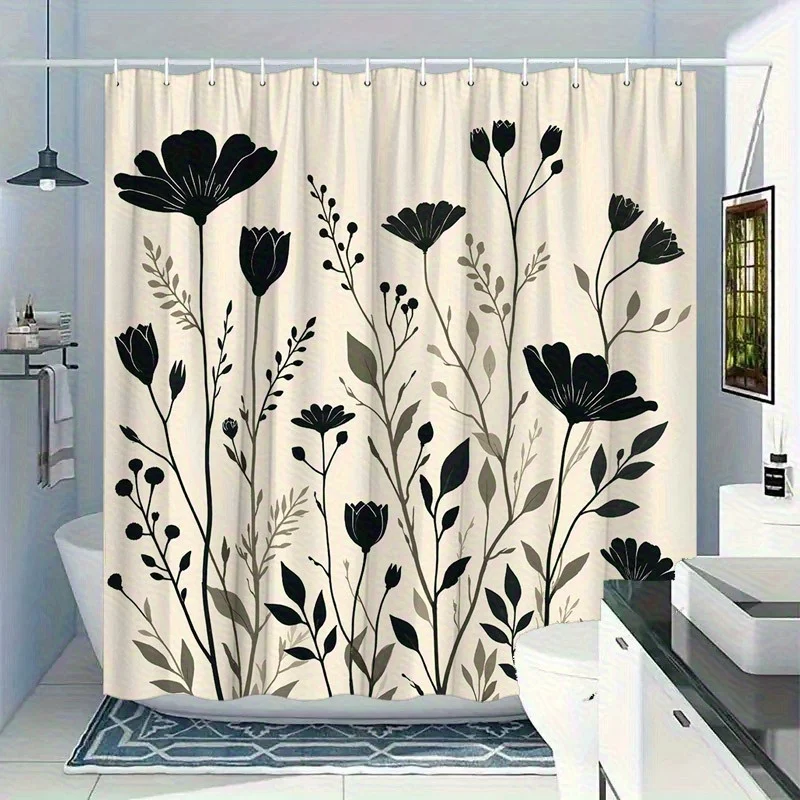 

Элегантная черная занавеска для душа с цветочным принтом и листьями, полиэстер с подкладкой, декор для ванной комнаты, который можно стирать в машине