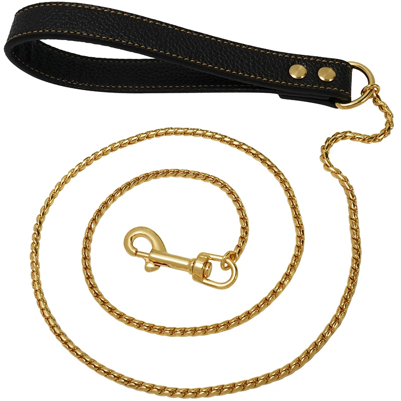 Durable Anti-Bite Metal Dog Chain Lead, Full Weld Chain Leash, PU Leather, Iron, Pet Accessories, Small, Medium, Large