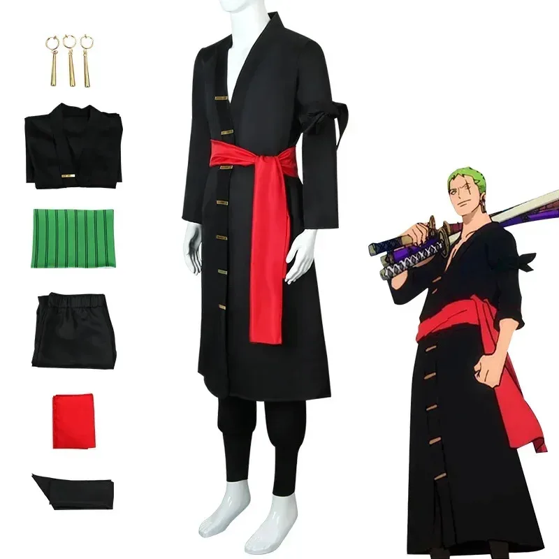 The whole series Anime Roronoa Zoro Cosplay Costume Uniform Green Coat Belt Pants Head Scarf Roronoa Zoro Wig Earrings Halloween